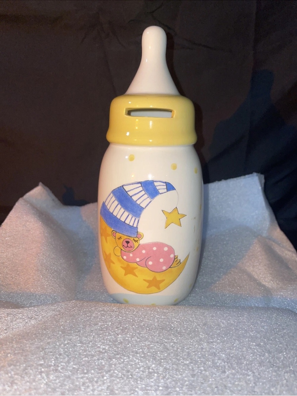 Ceramic Sleeping Baby Bear Bottle Coin Bank Fund Jar Pastel Colored